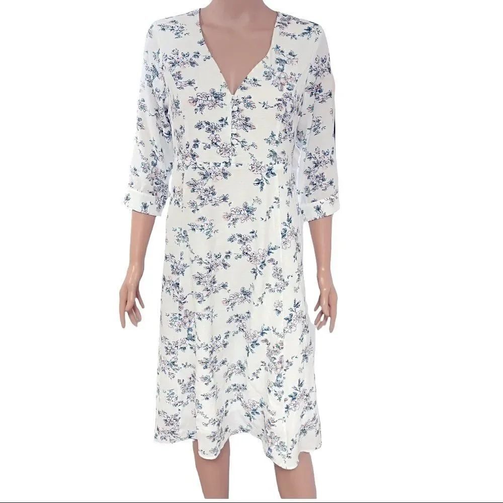 Tea n Rose White Floral 3/4 Sleeve Dress Sz M